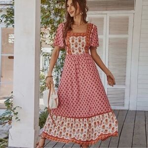 NWT Cotton Printed Square Neck Short Sleeve Maxi Boho Dress